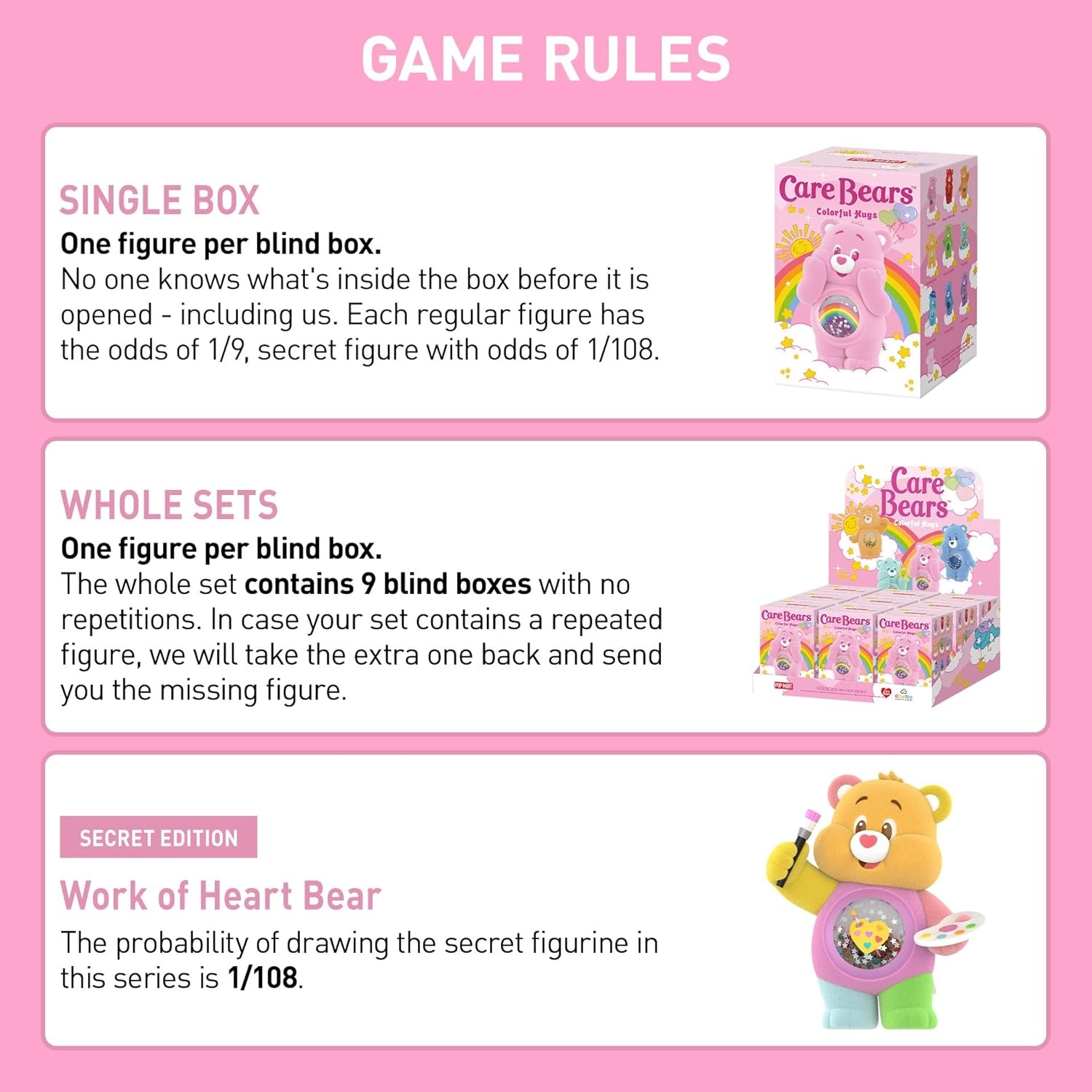image:imagePOP MART Care Bears Colorful Hugs Series Blind Box Figures Random Design Action Figures Collectible Toys Home Decorations Holiday Birthday Gifts for Girls and Boys Single BoxCare Bears Colorful Hugs Series Figures